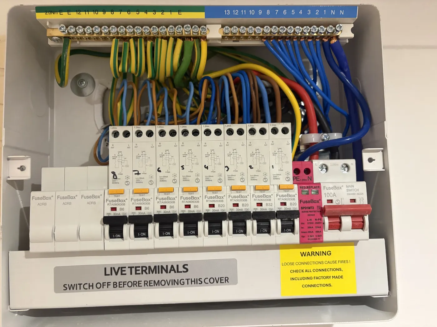 Fuse board upgrade in Chiswick — open consumer unit with full bank of RCBOs and SPD
