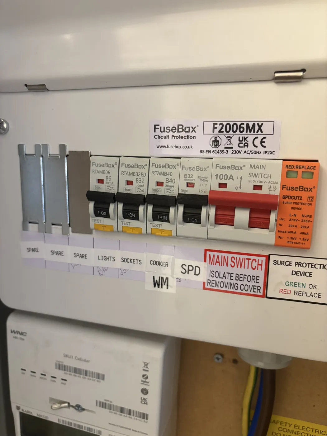 RCBO consumer unit with 100A main switch and surge protection installed in Notting Hill
