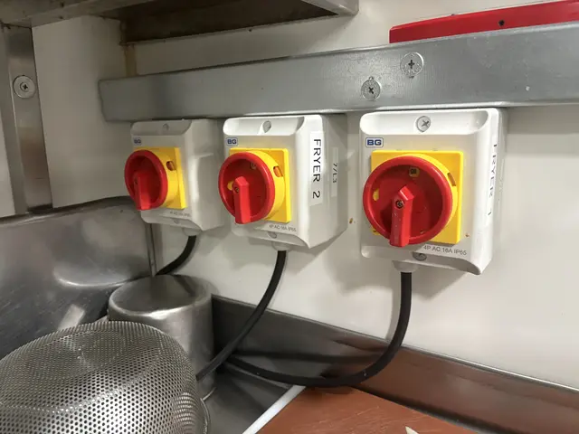 Rotary isolator switches installed for fryers in a Shepherd's Bush commercial kitchen