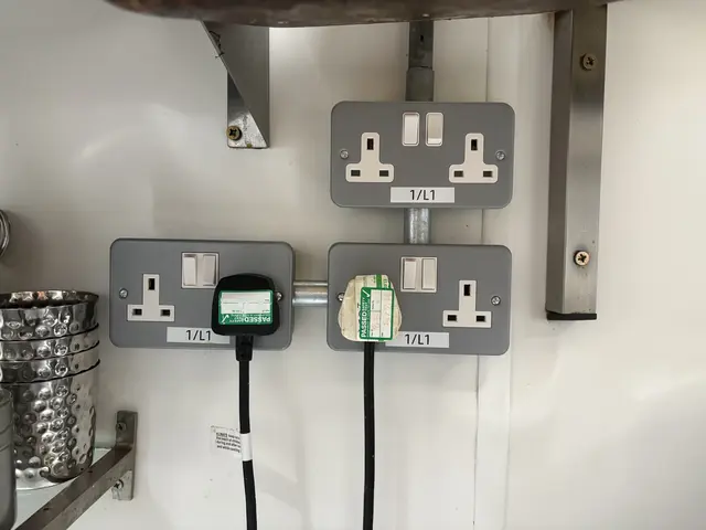 Metal-clad sockets with circuit labels in a Shepherd's Bush commercial kitchen